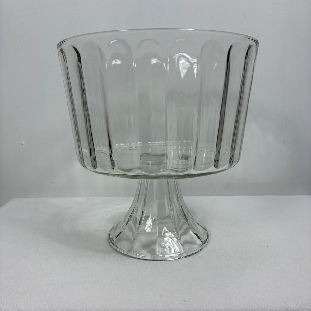 Clear Glass Footed Trifle Bowl Ribbed Paneled Pedestal Dessert Serving Dish - Picture 4 of 5